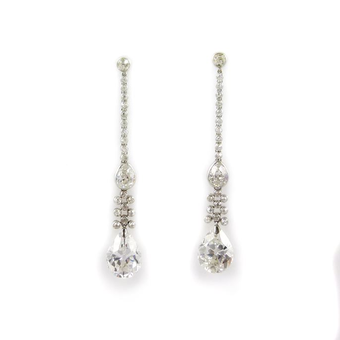 Pair of antique pear shaped diamond and diamond line pendant earrings | MasterArt